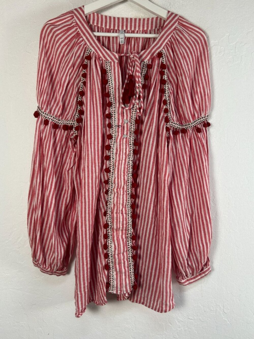 Zara trf Collection Womens Boho Western Pom Pom Stripe Peasant Top Large Red